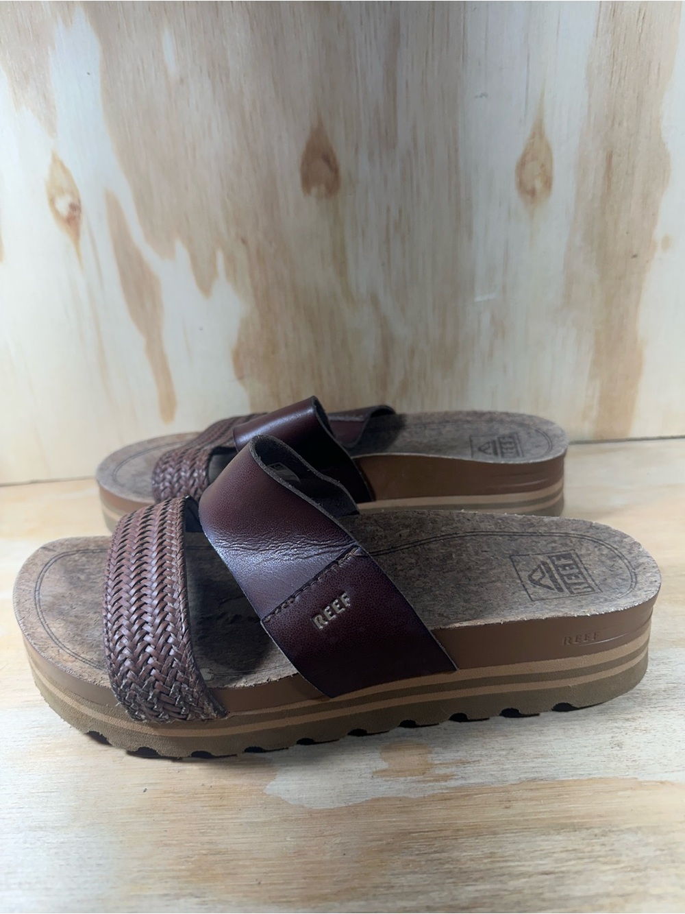 Reef Women's Brown Braided Leather Slide Sandals Women’s Size 7